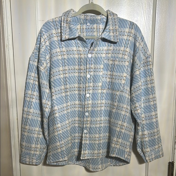 Tops - Blue and White Snap Up Shacket